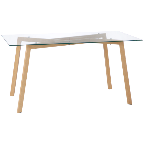 HOMCOM Mesa de Jantar para 6 Pessoas com Bancada de Vidro Temperado e Pés de Aço com Efeito de Madeira 150x75x76 cm Transparente e Madeira