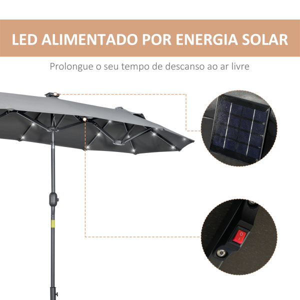 Outsunny Chapéu de Sol Duplo 295x150x219 cm com Luzes LED Solares Teto com Inclinação Ajustável e Manivela Manual para Jardim Cinza - Image 4