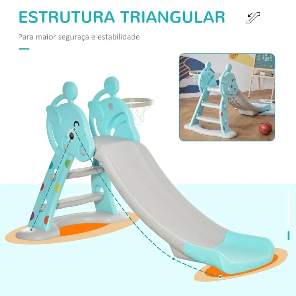 HOMCOM Escorrega Infantil Dobrável com Cesta de Basquetebol para Crianças acima de 18 meses Modelo Girafa para Interiores e Exteriores 140x87x75cm Azul e Cinza - Image 6