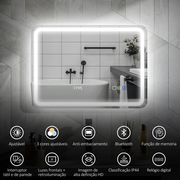 HOMCOM Espelho de Casa de Banho com Luz LED 70x50 cm Bluetooth 3 Cores de Luz Relógio Digital Função Antiembaciamento Memória Prata - Image 4