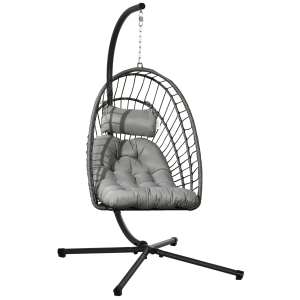 Outsunny Cadeirão Suspenso de Vime Dobrável com 2 Almofadas e Estrutura de Aço Capacidade 100 kg 100x131x194 cm Cinza Escuro