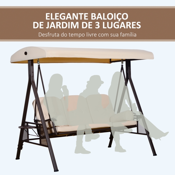 Outsunny Banco Baloiço de Jardim de 3 Lugares com Teto 2 Almofadas Suporte para Bebidas e Estrutura de Metal para Terraço Balcão Exterior Carga Máxima 360kg 207x120,5x174cm Bege - Image 7
