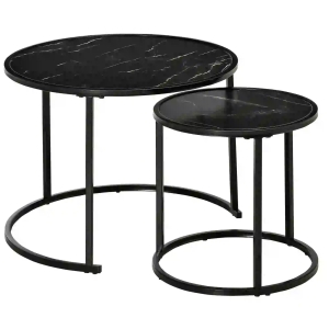 HOMCOM Conjunto de 2 Mesas Auxiliares Redondas Empilháveis Mesa de Centro Modernas com Bancada em Efeito de Mármore e Estrutura de Aço Ø60x46cm e Ø40x40cm Preto