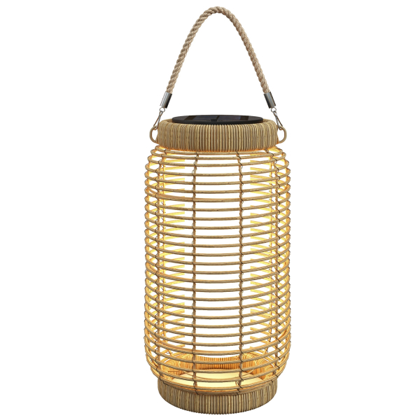 Outsunny Lanterna Decorativa de Vime Lanterna Solar de Exterior com Painel Solar Luzes LED Ligação Automática Ø18x37 cm Preto e Areia