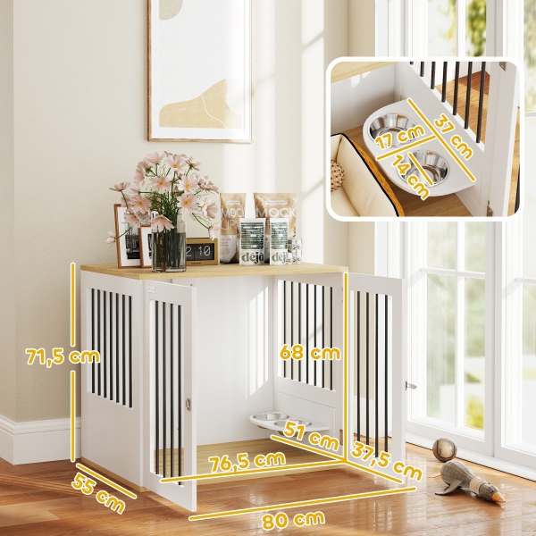 PawHut Gaiola para Cães 2 em 1 Mesa Auxiliar com 2 Portas com Trava Comedouro Giratório de 360° 2 Tigelas 80x55x71,5 cm Branco - Image 3