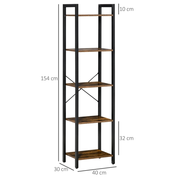 HOMCOM Estante de Estilo Industrial de 5 Níveis Estante para Livros de Armazenamento com Estrutura de Aço para Sala de Estar Escritório Cozinha Dormitório 40x30x154cm Marrom Rústico - Image 3