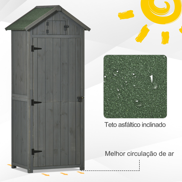 Outsunny Armário de Jardim de Madeira 77x54,2x179 cm 0,3 m² Armário de Armazenamento com 3 Prateleiras e 2 Portas Cinza e Verde - Image 5