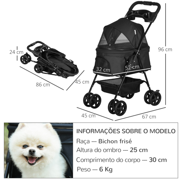 PawHut Carrinho para Cães Dobrável com Rodas Universáis Cesta de Armazenamento Correias de Segurança e Janelas 67x45x96 cm Preto - Image 3