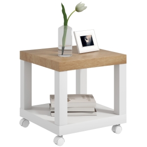 HOMCOM Mesa Auxiliar com Rodas Mesa Auxiliar com Prateleira Aberta para Sofá Dormitório 40x40x40 cm Branco e Madeira