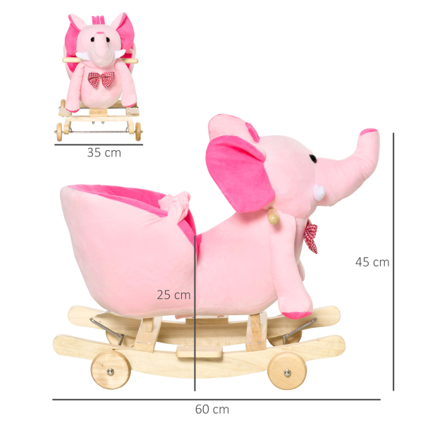 HOMCOM Cavalo Baloiço com Rodas e Forma de Elefante com Músicas Infantis e Cinto de Segurança 60x35x45 cm Rosa - Image 3