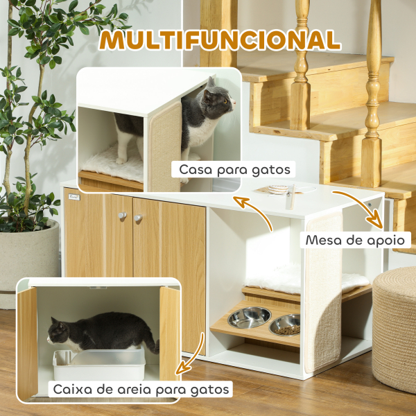 PawHut Móvel Caixa de Areia para Gatos 3 em 1 Mesa Auxiliar Caixa de Areia para Gatos com Tapete para Arranhar 95x48x50,5 cm Branco e Carvalho - Image 4