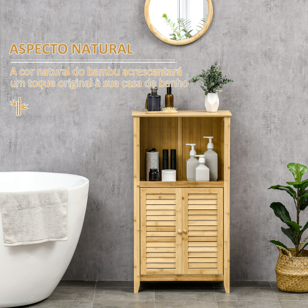 HOMCOM Armário Auxiliar Casa de Banho de Bambu com 2 Portas Compartimento Aberto e Prateleira Ajustável 50x25,5x92 cm Madeira - Image 4