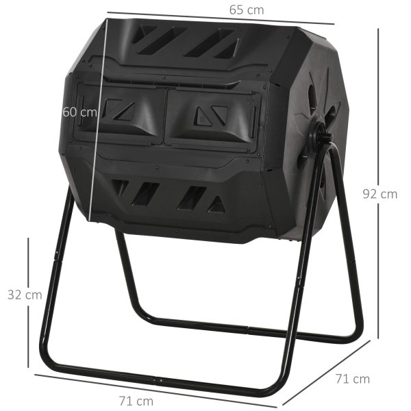 Outsunny Compostor de Tambor Giratório com Capacidade de 160L de Dupla Câmera e Ventilação Estrutura de Aço para Resíduos Orgânicos de Jardim 71x64x92cm Preto - Image 3