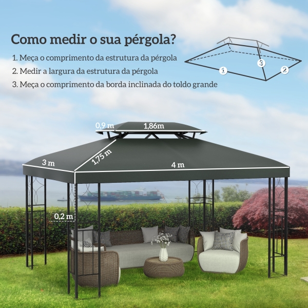Outsunny Toldo de Substituição 4x3m para Pérgola de Jardim 2 Níveis Respirável com 10 Orifícios de Drenagem Cobertura de Substituição de Pérgola Exterior Cinza - Image 3