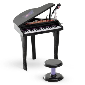 HOMCOM Piano para Crianças com 37 Teclas Microfone Banco Luzes 22 Músicas e Entrada para MP3 e USB 48x39x69 cm Preto