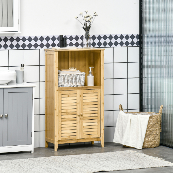 HOMCOM Armário Auxiliar Casa de Banho de Bambu com 2 Portas Compartimento Aberto e Prateleira Ajustável 50x25,5x92 cm Madeira - Image 2