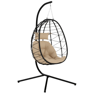 Outsunny Cadeira Suspensa com Suporte Baloiço Jardim com Cesto Dobrável Almofada e Apoio de Cabeça 98x95x198 cm Caqui