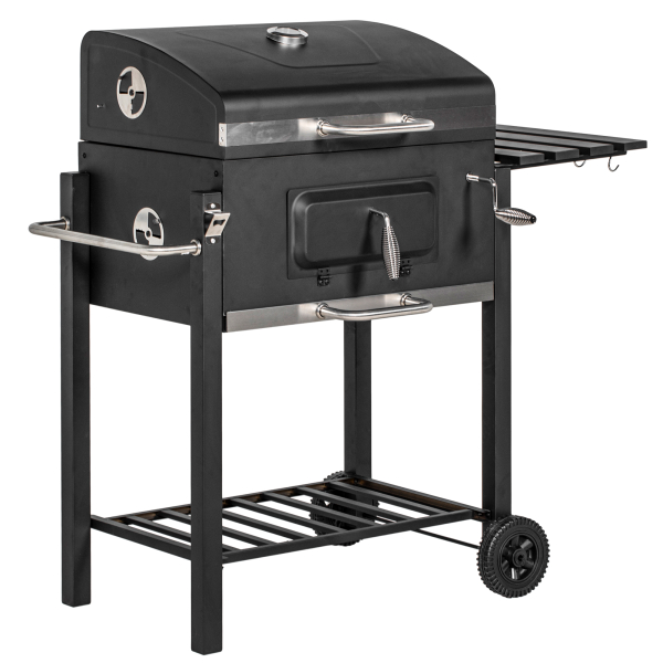 Outsunny Barbecue a Carvão com Rodas Tampa Grelhas de Aço Inoxidável Termômetro Bandeja Lateral e Prateleira 113x65x108 cm Preto