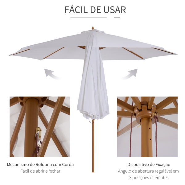 Outsunny Chapéu de Sol de Jardim Ø300x250cm com Sistema de Polia Teto Ventilado e Mastro Desmontável de Madeira para Terraço Pátio Exterior Branco - Image 5
