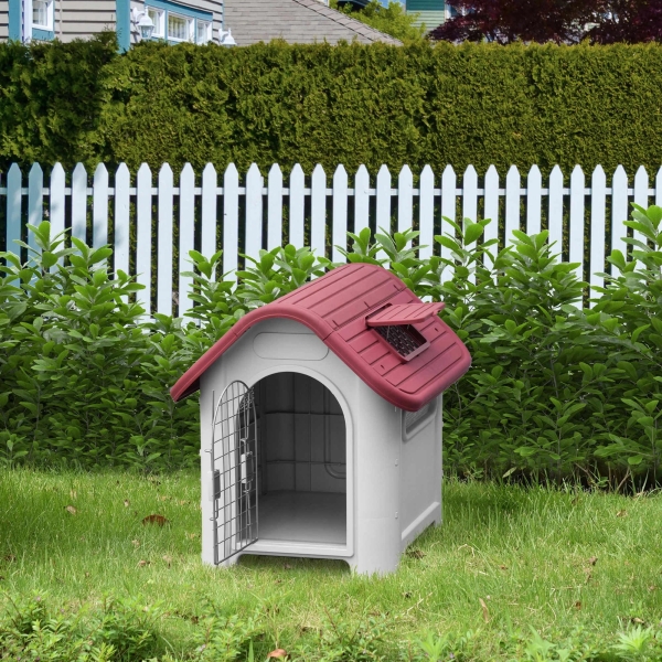 PawHut Casota para Cães com Porta Removível Base Elevada 3 Respiradouros e Janela Casota de Cães para Interior e Exterior 59x75x66cm Cinza e Vermelho - Image 8