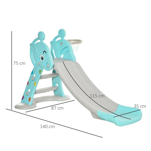 HOMCOM Escorrega Infantil Dobrável com Cesta de Basquetebol para Crianças acima de 18 meses Modelo Girafa para Interiores e Exteriores 140x87x75cm Azul e Cinza - Image 3
