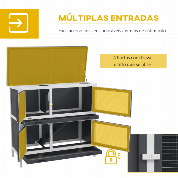 PawHut Coelheira de Madeira de 2 Pisos com Teto Asfáltico Bandejas Amovíveis e Rampa para 2 Coelhos 97x44x91 cm Cinza - Image 4