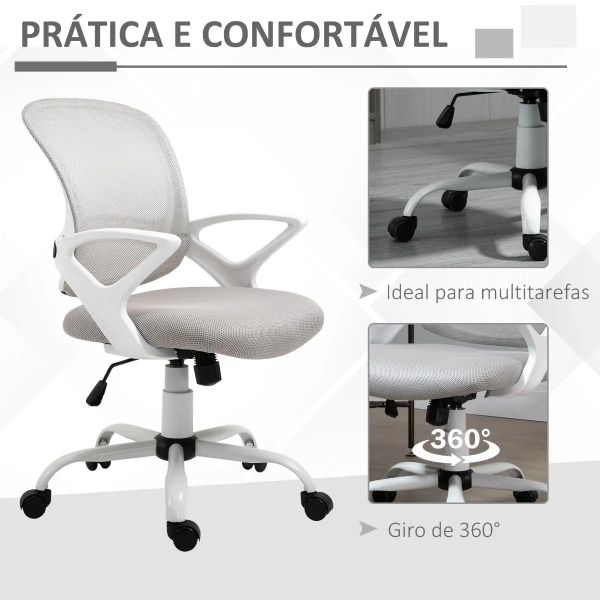 Vinsetto Cadeira de Oficina Ergonômica Basculante com Altura Ajustável Assento Giratório 360° Suporte Lombar e Malha Transpirável 61x61x89-99cm Cinza e Branco - Image 7