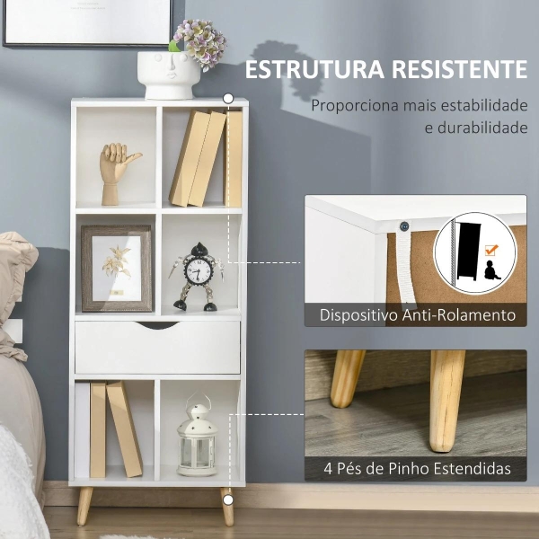 HOMCOM Estante para Livros com 6 Compartimentos Abertos 1 Gaveta e Pés de Madeira para Armazenamento de Brinquedos CDs Plantas 50x29,5x120cm Branco - Image 5