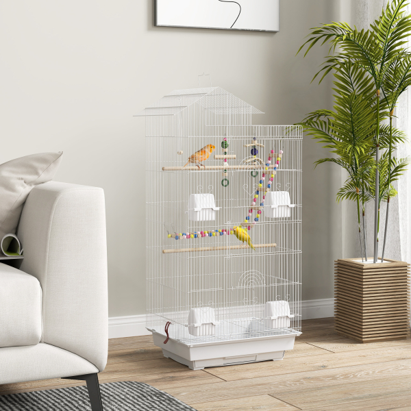 PawHut Gaiola para Passáros de Metal com Portas 4 Comedouros 3 Poleiros Baloiço Escadas e Bandeja Removível  46x36x100 cm Branco - Image 2