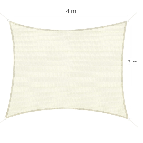 Outsunny Vela de Sombra Retangular 3x4 m Toldo Vela de HDPE com Proteção UV Aneis em Forma de D e Cordas para Jardim Pátio Piscina Creme - Image 3