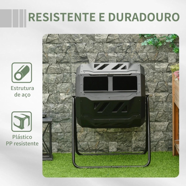 Outsunny Compostor de Tambor Giratório com Capacidade de 160L de Dupla Câmera e Ventilação Estrutura de Aço para Resíduos Orgânicos de Jardim 71x64x92cm Preto - Image 7