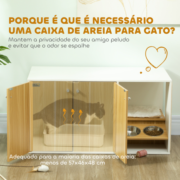 PawHut Móvel Caixa de Areia para Gatos 3 em 1 Mesa Auxiliar Caixa de Areia para Gatos com Tapete para Arranhar 95x48x50,5 cm Branco e Carvalho - Image 6