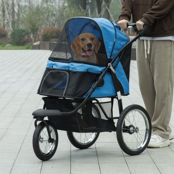 PawHut Carrinho para Cães Dobrável para Cães Médios e Pequenos com Cesta de Armazenamento Capota Ajustável 111x58x107 cm Azul - Image 2