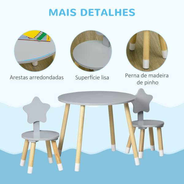 HOMCOM Conjunto de Mesa e 2 Cadeiras de Madeira para Crianças com Mesa Redonda Ø59x50cm e Cadeiras Ø28x51cm Cinza e Madeira - Image 7