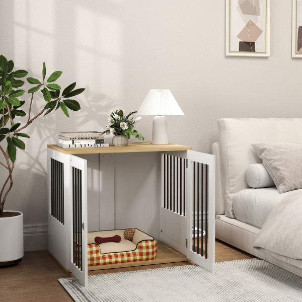 PawHut Gaiola para Cães 2 em 1 Mesa Auxiliar com 2 Portas com Trava Comedouro Giratório de 360° 2 Tigelas 80x55x71,5 cm Branco - Image 9