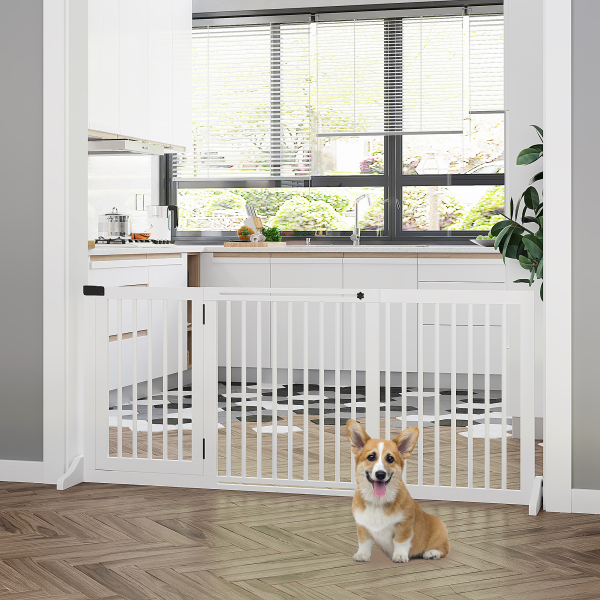 PawHut Barreira de Segurança Extensível 3 Peças com Estrutura de Madeira e Suporte de Pé 113-166x36x71cm Branco - Image 4