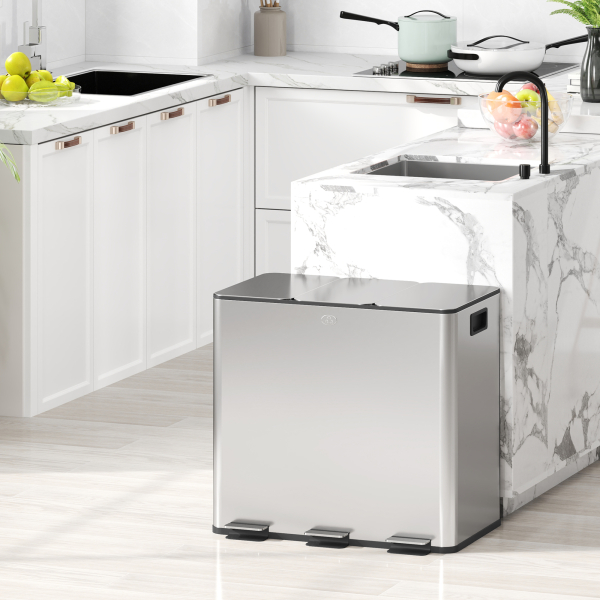 HOMCOM Balde de Lixo de Cozinha com 3 Compartimentos 3x15L com Pedais Tampas com Fechamento Suave e Cubo Amovível Prata - Image 2