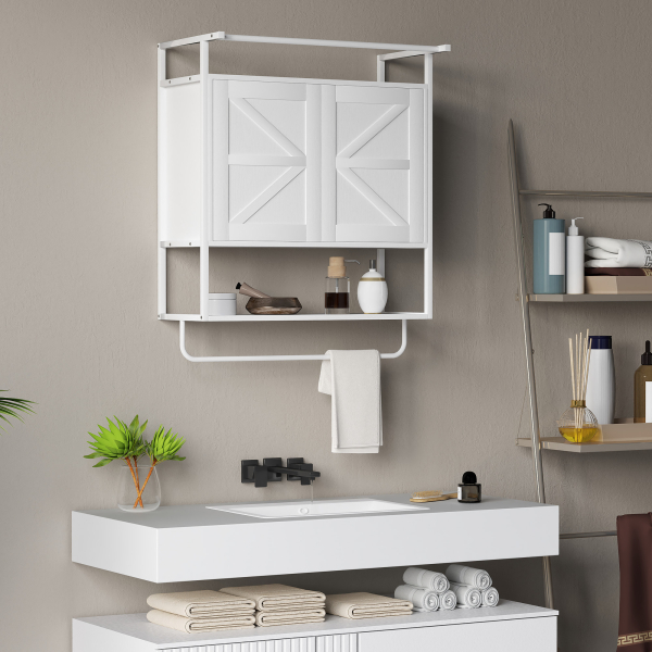 HOMCOM Armário de Parede para Casa de Banho Multiusos com 2 Portas Prateleira e Barra para Toalhas 63x34x75 cm Branco - Image 8
