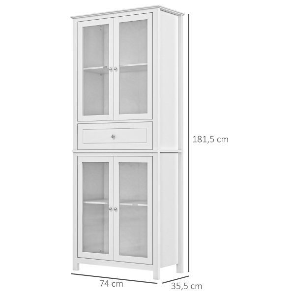 HOMCOM Armário de Cozinha com 4 Portas de Vidro Temperado Gaveta e Prateleiras Ajustáveis 74x35,5x181,5 cm Branco - Image 3