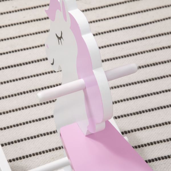 HOMCOM Cavalo Baloiço para Crianças de 1-3 Anos Cavalo Baloiço de Madeira com Guiador e Apoio para os Pés 68x27x46,5cm Branco e Rosa - Image 9