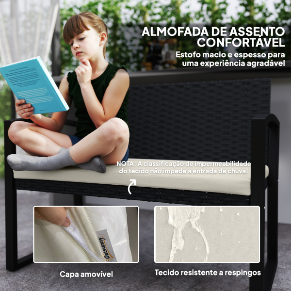 Outsunny Banco de Jardim em Vime Sintético de 2 Lugares Banco de Exterior com Almofada 103x58x78 cm Preto e Bege - Image 6