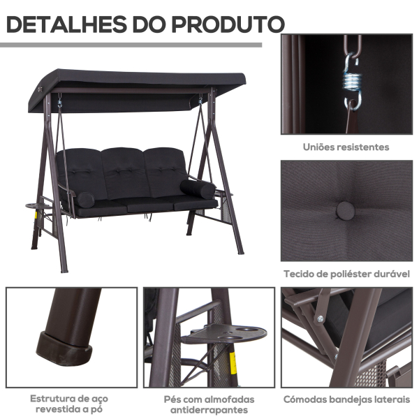 Outsunny Banco Baloiço de Jardim de 3 Lugares com Teto 2 Almofadas Suporte para Bebidas 206x116x183 cmPreto - Image 5