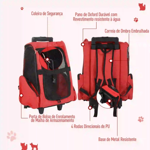 PawHut Transportadora 2 em 1 para Animais de Estimação Mochila ou Carrinho de Viagem para Cães e Gatos com 2 Rodas Alça Retrátil de Alumínio e Bolso de Armazenamento 42x25x55cm Vermelho - Image 7