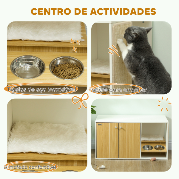 PawHut Móvel Caixa de Areia para Gatos 3 em 1 Mesa Auxiliar Caixa de Areia para Gatos com Tapete para Arranhar 95x48x50,5 cm Branco e Carvalho - Image 5