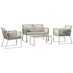 Outsunny Conjunto de Móveis de Jardim Vime 4 Peças Sofá Duplo 2 Poltronas Individuais e Mesa de Centro com Vidro com Almofadas para Exterior Terraço Cinza