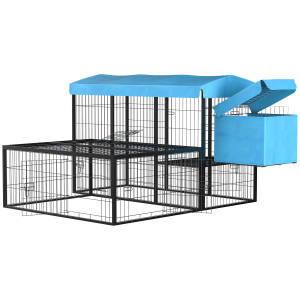 PawHut Galinheiro de Metal para 6-10 Galinhas Galinheiro Resistente para Exterior com Toldo Grade de Arame Ninho Múltiplas Portas e Plataforma 200x165,5x103cm Preto e Azul