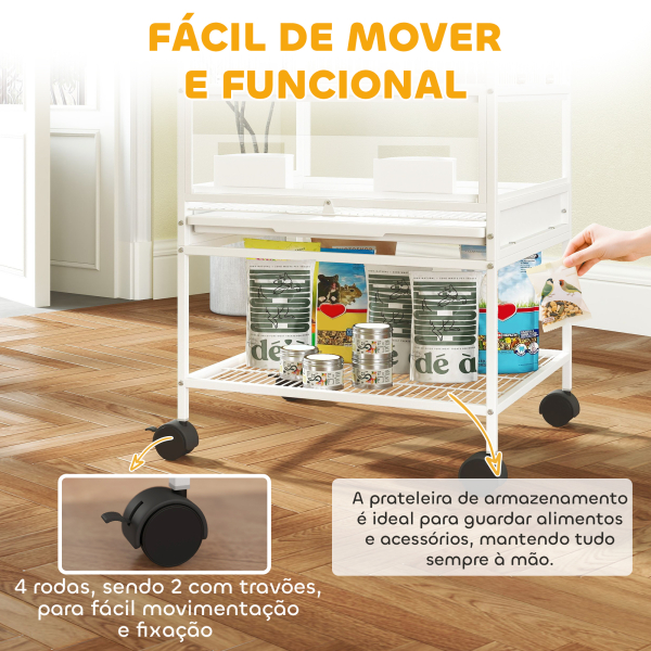 PawHut Gaiola para Pássaros de 2 Níveis com Rodas Painéis Acrílicos Comedouros Prateleira Bandejas Amovíveis  48x46x134,5 cm Branco - Image 7