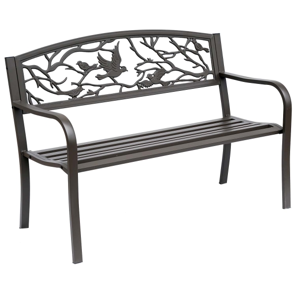 Outsunny Banco de Jardim de Aço Banco de Exterior com Apoio para os Braços e Encosto Decorativo 127x60x85 cm Marrom Escuro