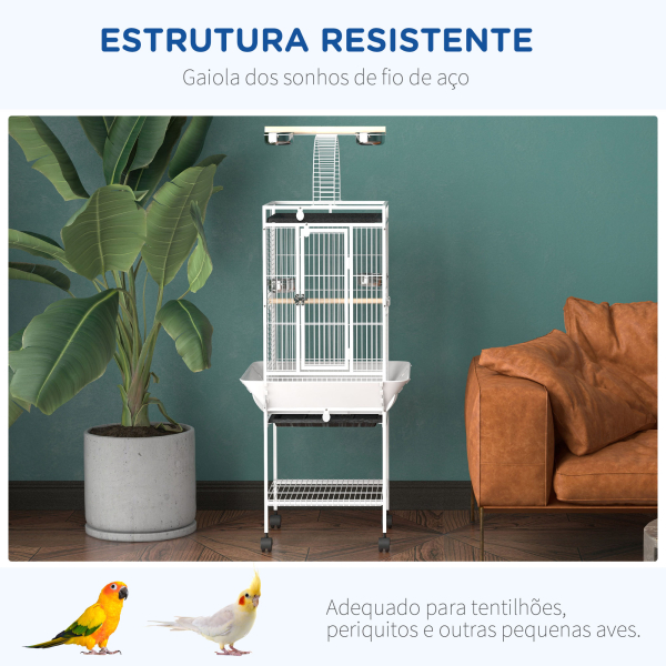 PawHut Gaiola para Pássaros com Suporte e Rodas 62,5x62,5x156 cm Ponte de Arco 2 Poleiros 4 Comedouros 2 Bandejas Removíveis - Image 7