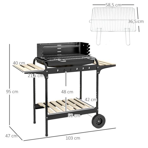 Outsunny Barbecue a Carvão com Rodas Portátil com Grelha Ajustável em Altura para Piquenique Campismo 103x47x95 cm Preto - Image 3